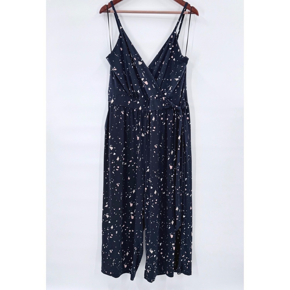 Kaileigh Rica Knit Crop Jumpsuit Navy Abstract Wrap Wide Leg Plus Size 1X NWT